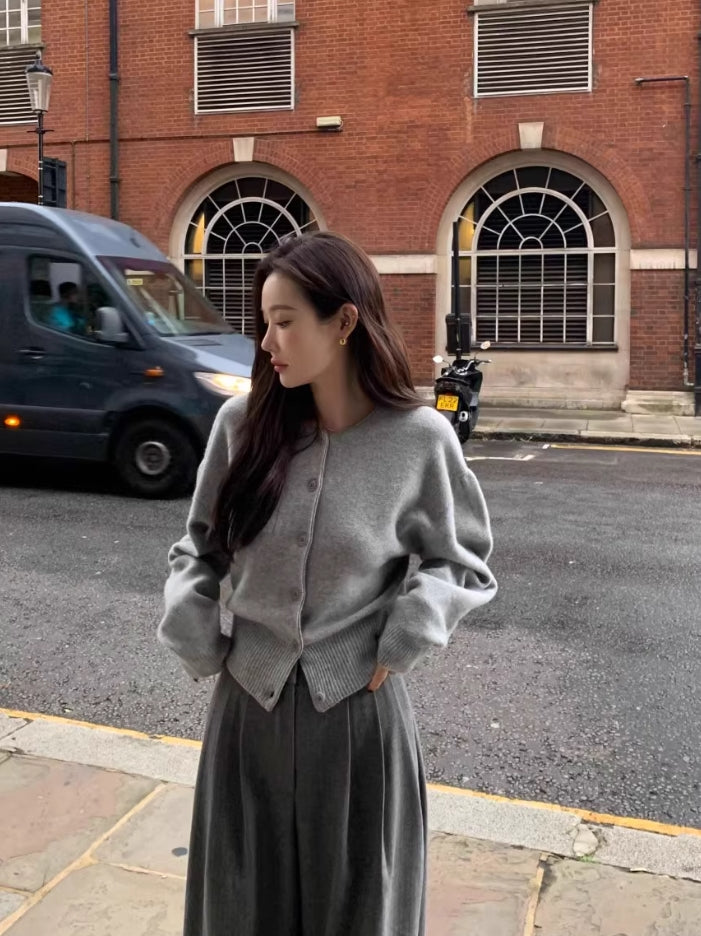 Grey Drop-Shoulders Button-Up Cardigan