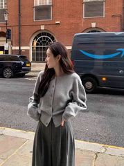 Grey Drop-Shoulders Button-Up Cardigan
