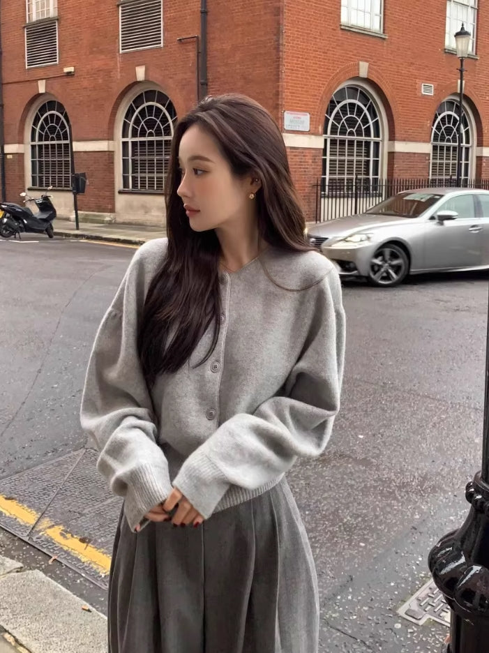 Grey Drop-Shoulders Button-Up Cardigan