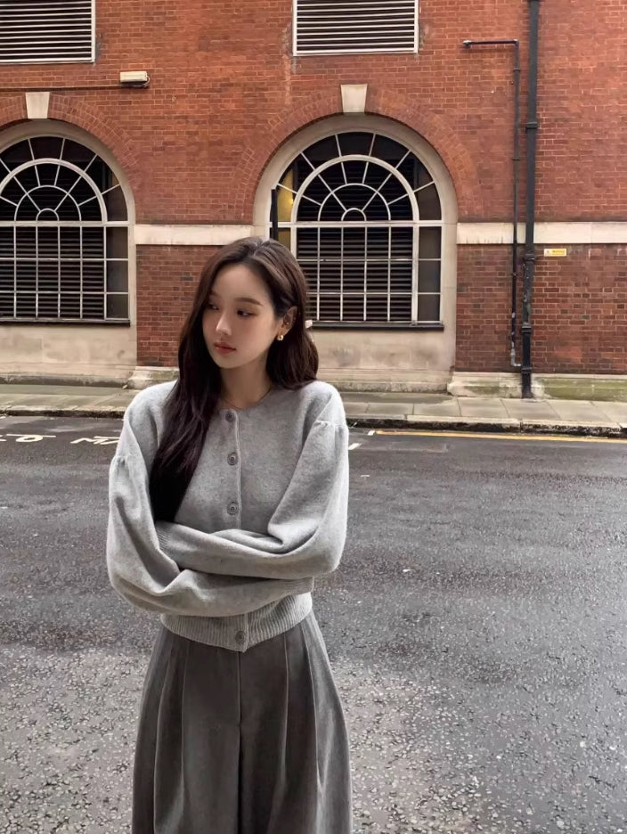 Grey Drop-Shoulders Button-Up Cardigan
