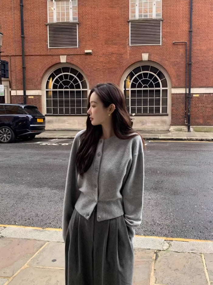 Grey Drop-Shoulders Button-Up Cardigan