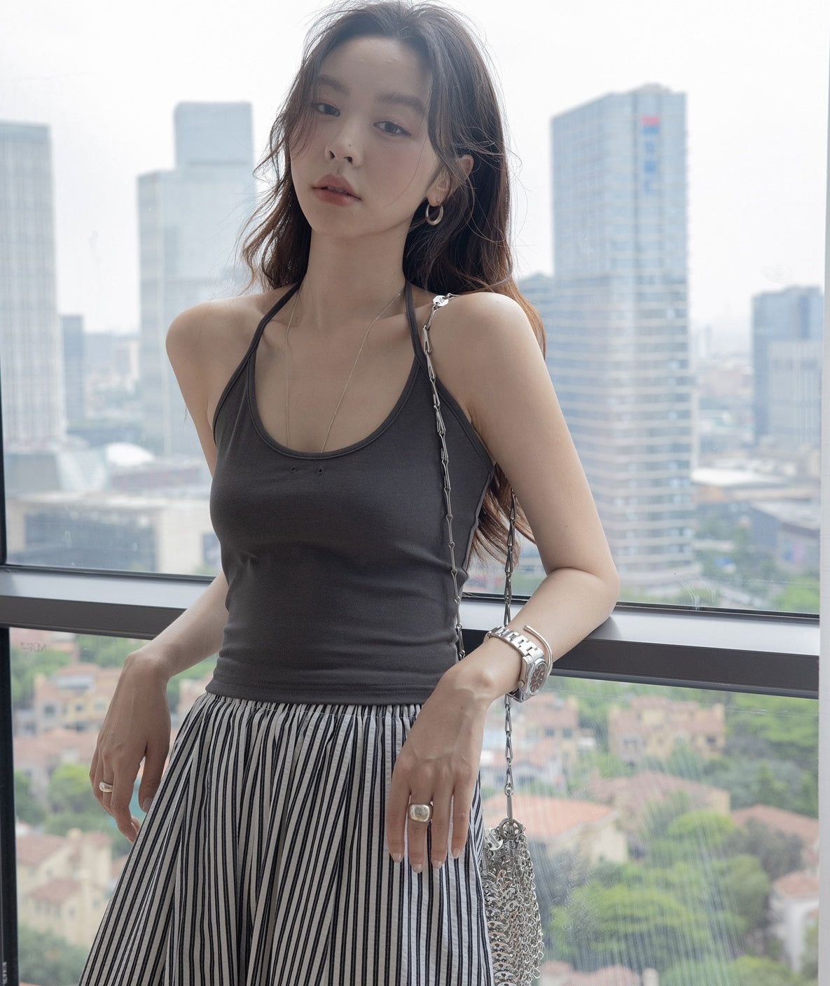 Grey Dual Eyelet Halter Top