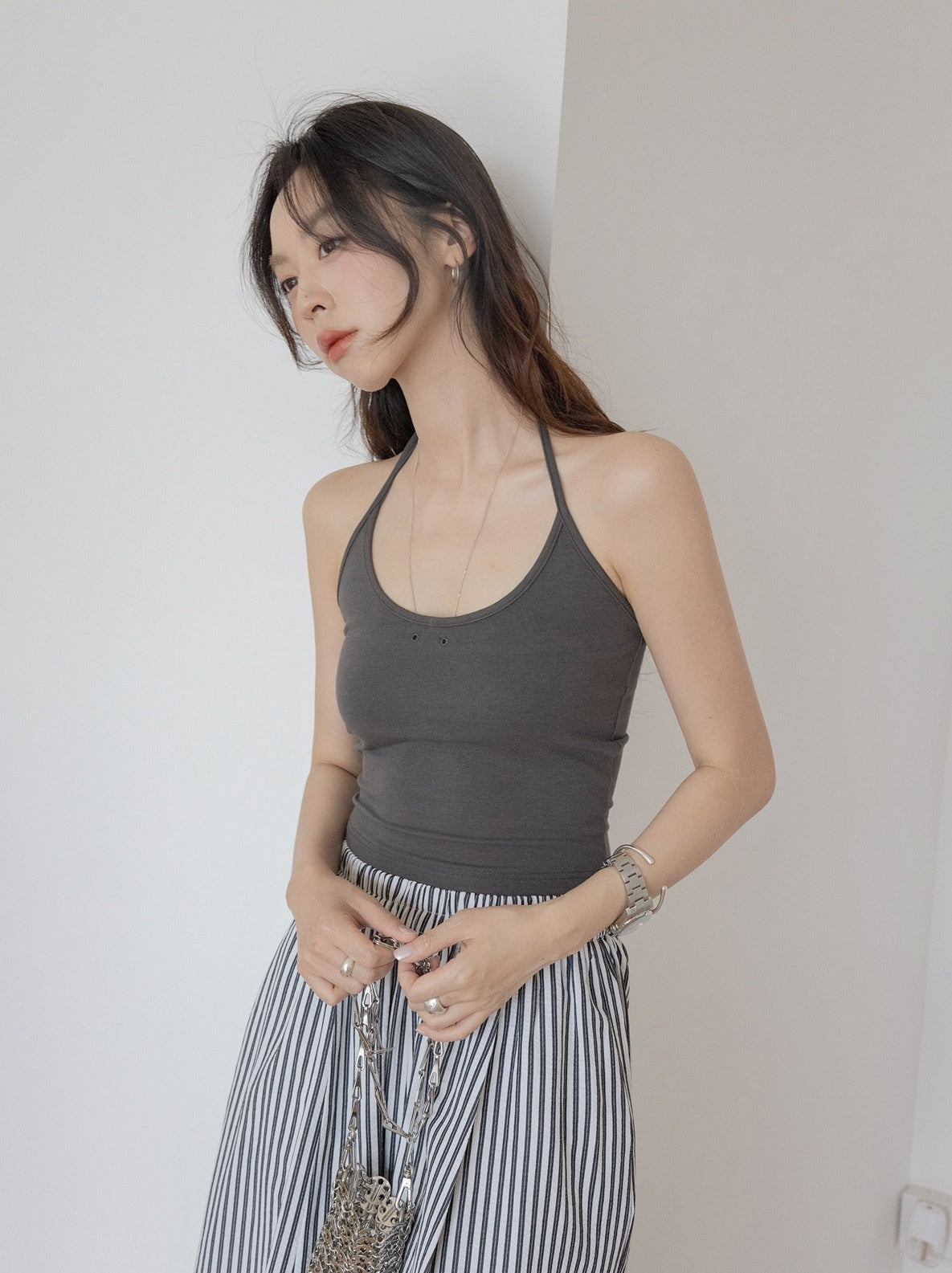 Grey Dual Eyelet Halter Top