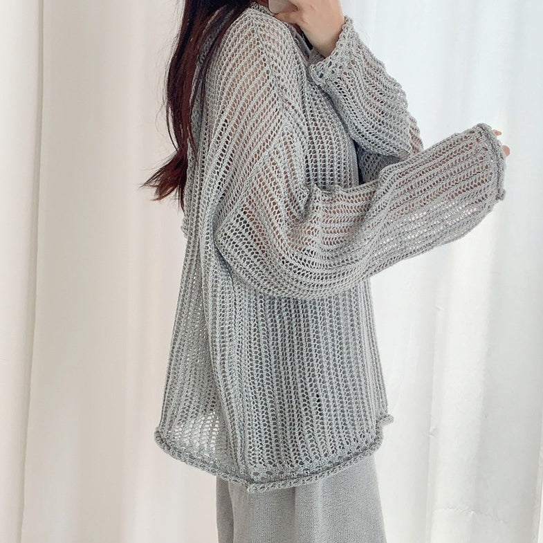 Grey Fishnet Drawstring Hoodie