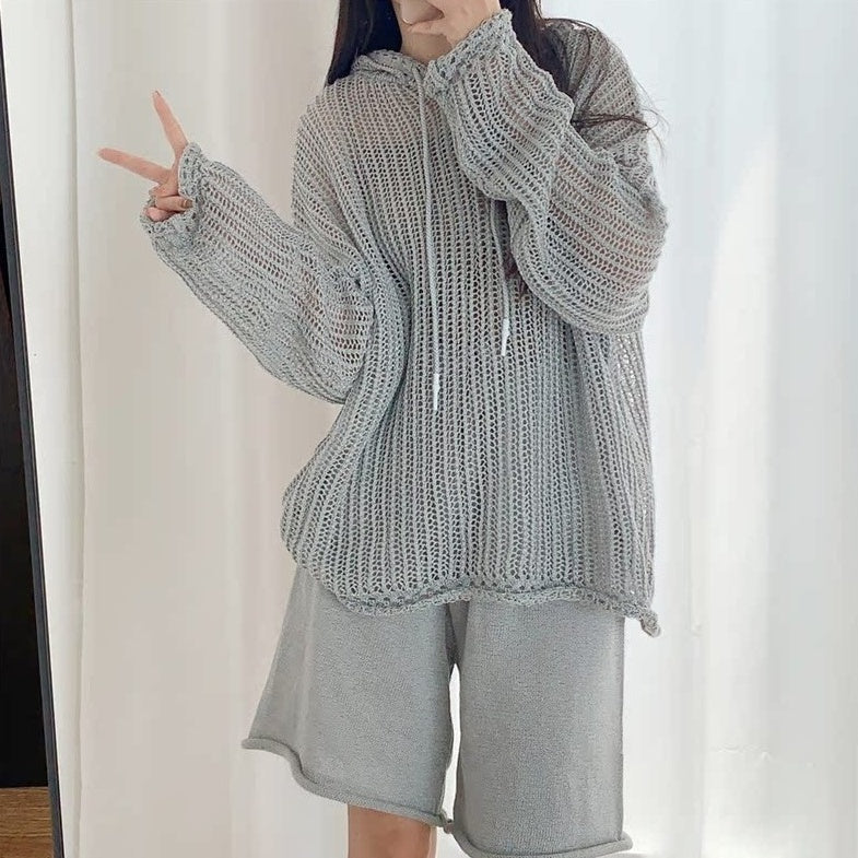 Grey Fishnet Drawstring Hoodie
