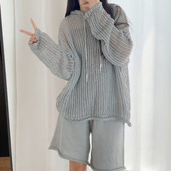 Grey Fishnet Drawstring Hoodie