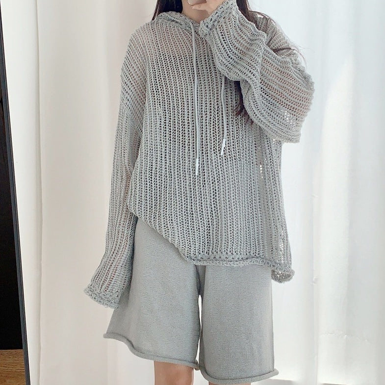 Grey Fishnet Drawstring Hoodie