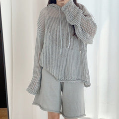 Grey Fishnet Drawstring Hoodie