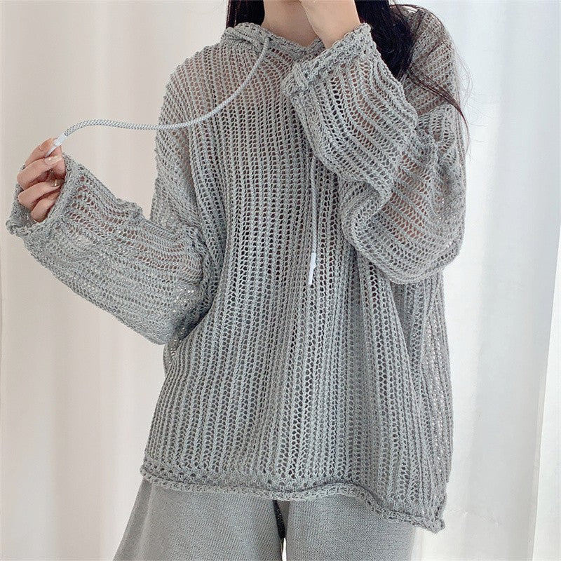 Grey Fishnet Drawstring Hoodie