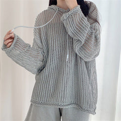 Grey Fishnet Drawstring Hoodie