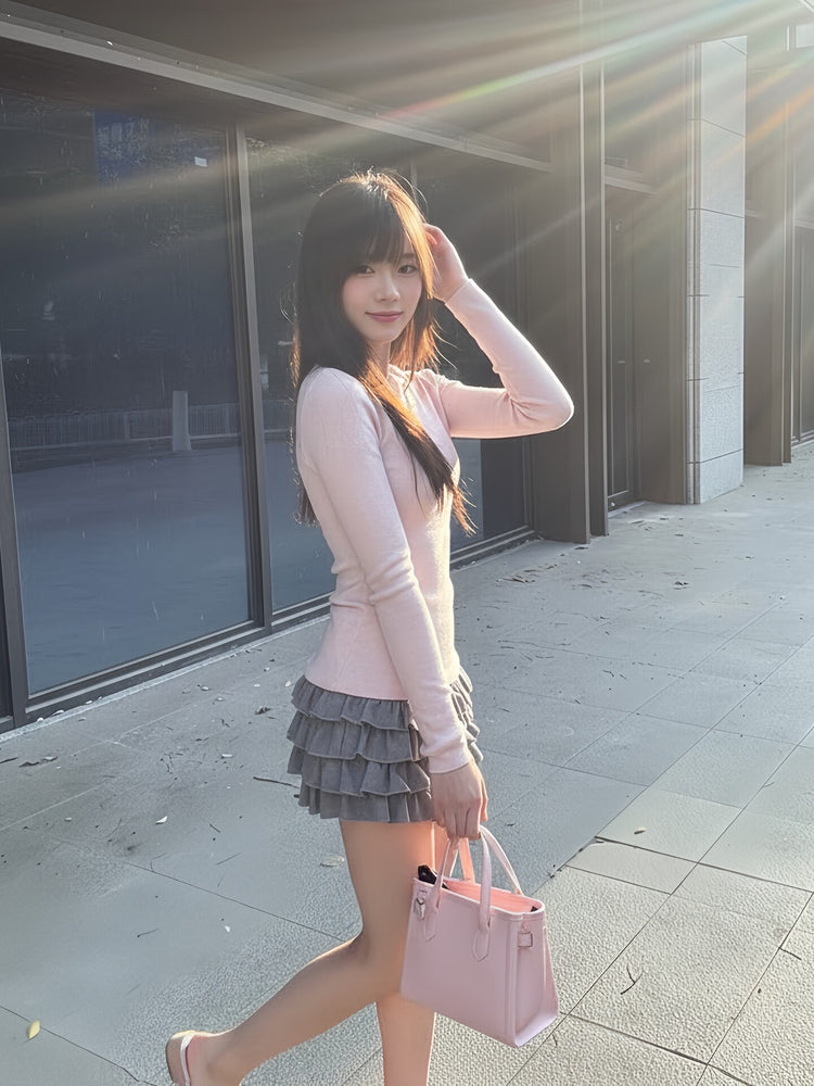 Grey Flowy Tiered Ruffle Skirt