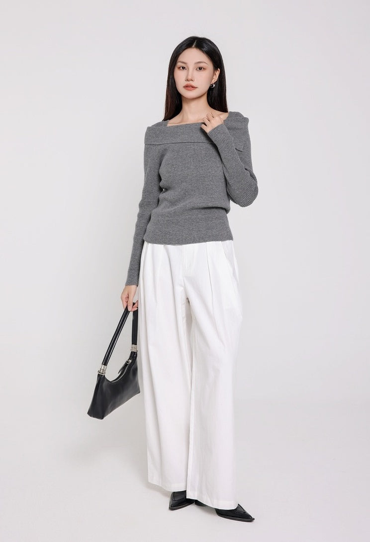 Grey Folded Collar Ribbed Knit Sweater
