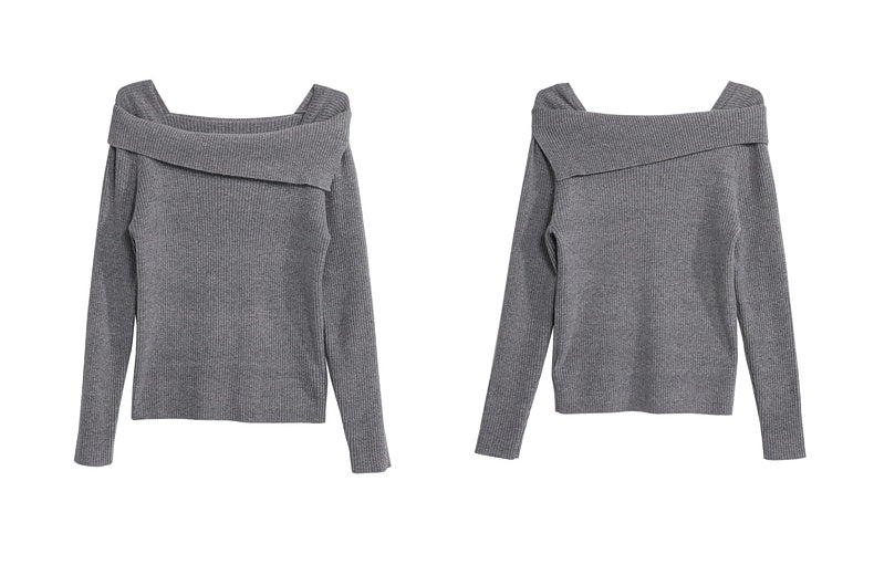 Grey Folded Collar Ribbed Knit Sweater