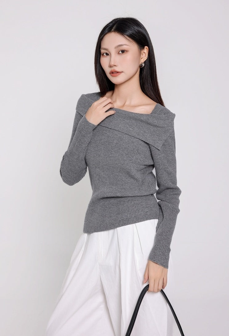 Grey Folded Collar Ribbed Knit Sweater