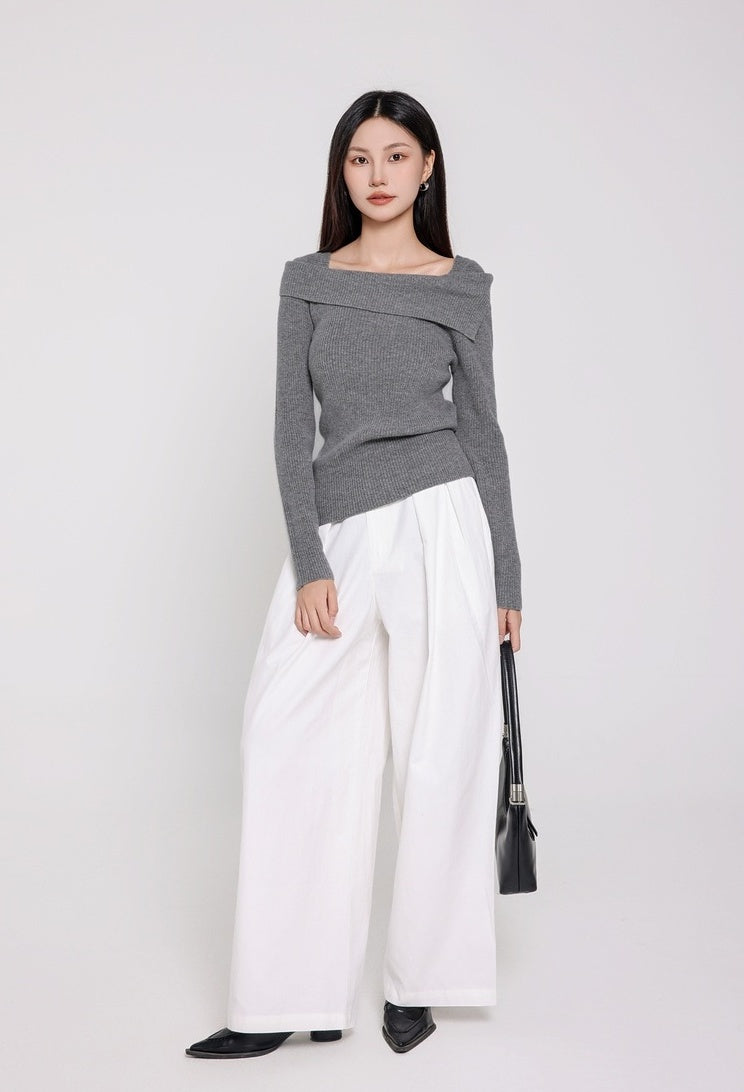 Grey Folded Collar Ribbed Knit Sweater