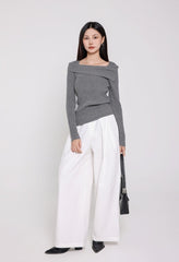 Grey Folded Collar Ribbed Knit Sweater