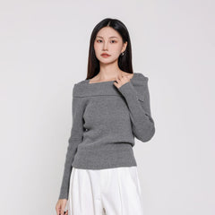 Grey Folded Collar Ribbed Knit Sweater