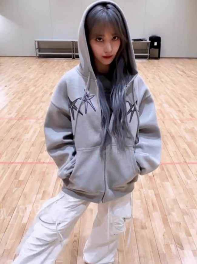Grey Four Star Print Hooded Jacket