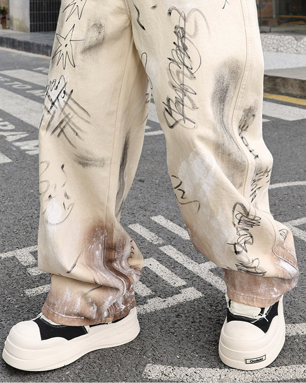 Grey Graffiti Wide Leg Jeans