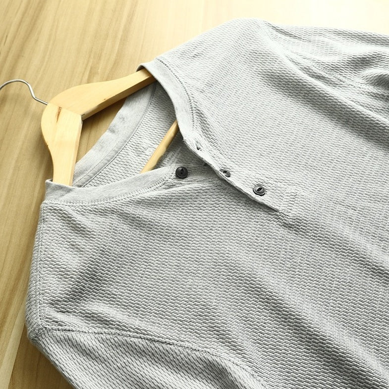 Grey Half Buttoned Long Sleeve T-Shirt