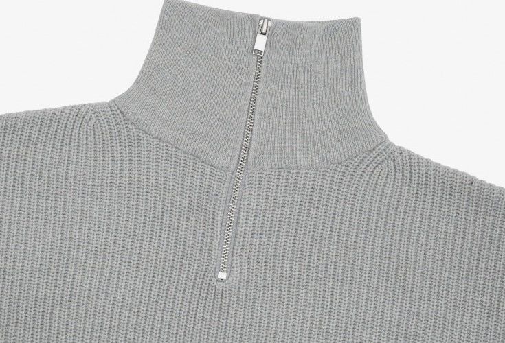 Grey Half Zipped Ribbed Sweater
