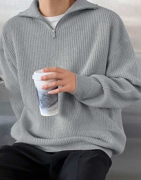 Grey Half Zipped Ribbed Sweater