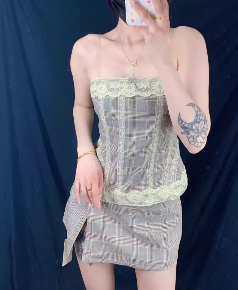 Grey Lace Plaid Tube Top