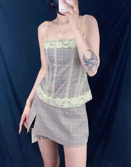 Grey Lace Plaid Tube Top