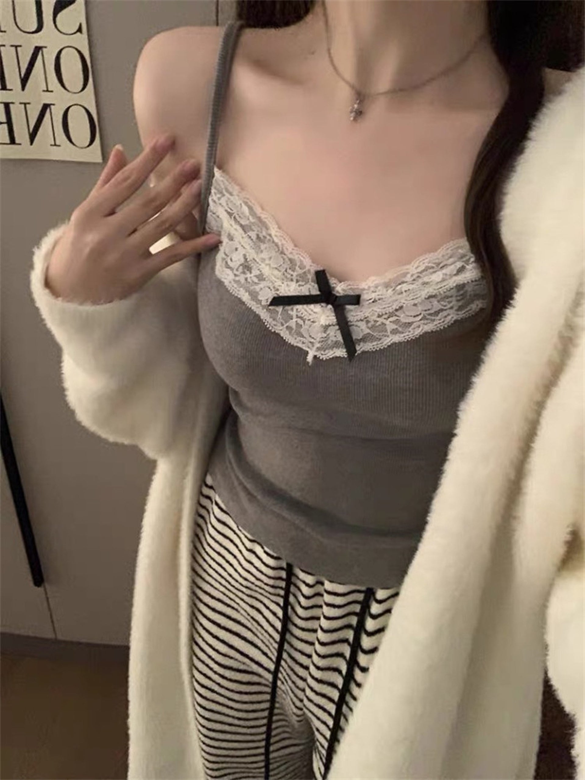 Grey Lace Trim Bow Cami Top