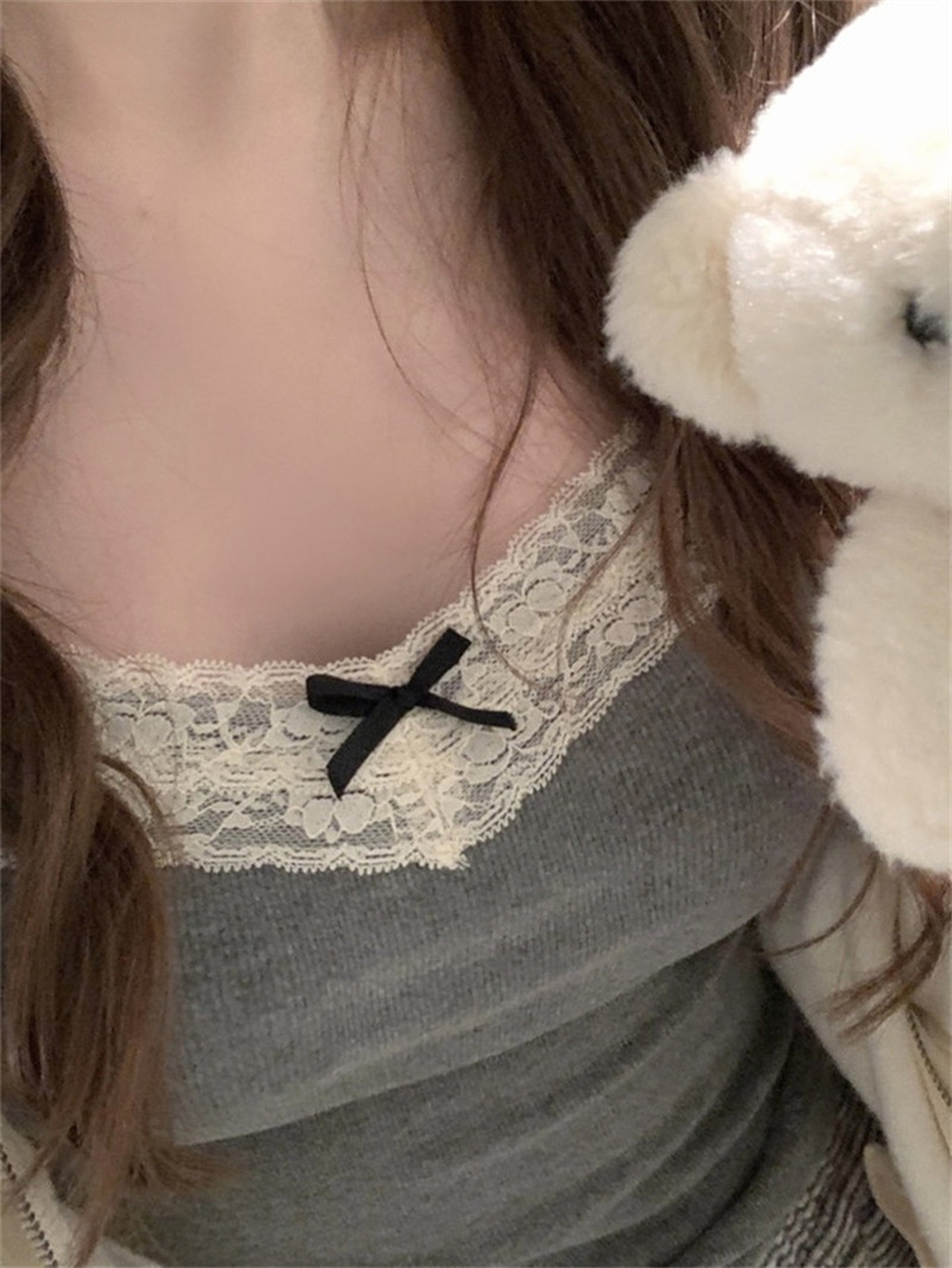Grey Lace Trim Bow Cami Top