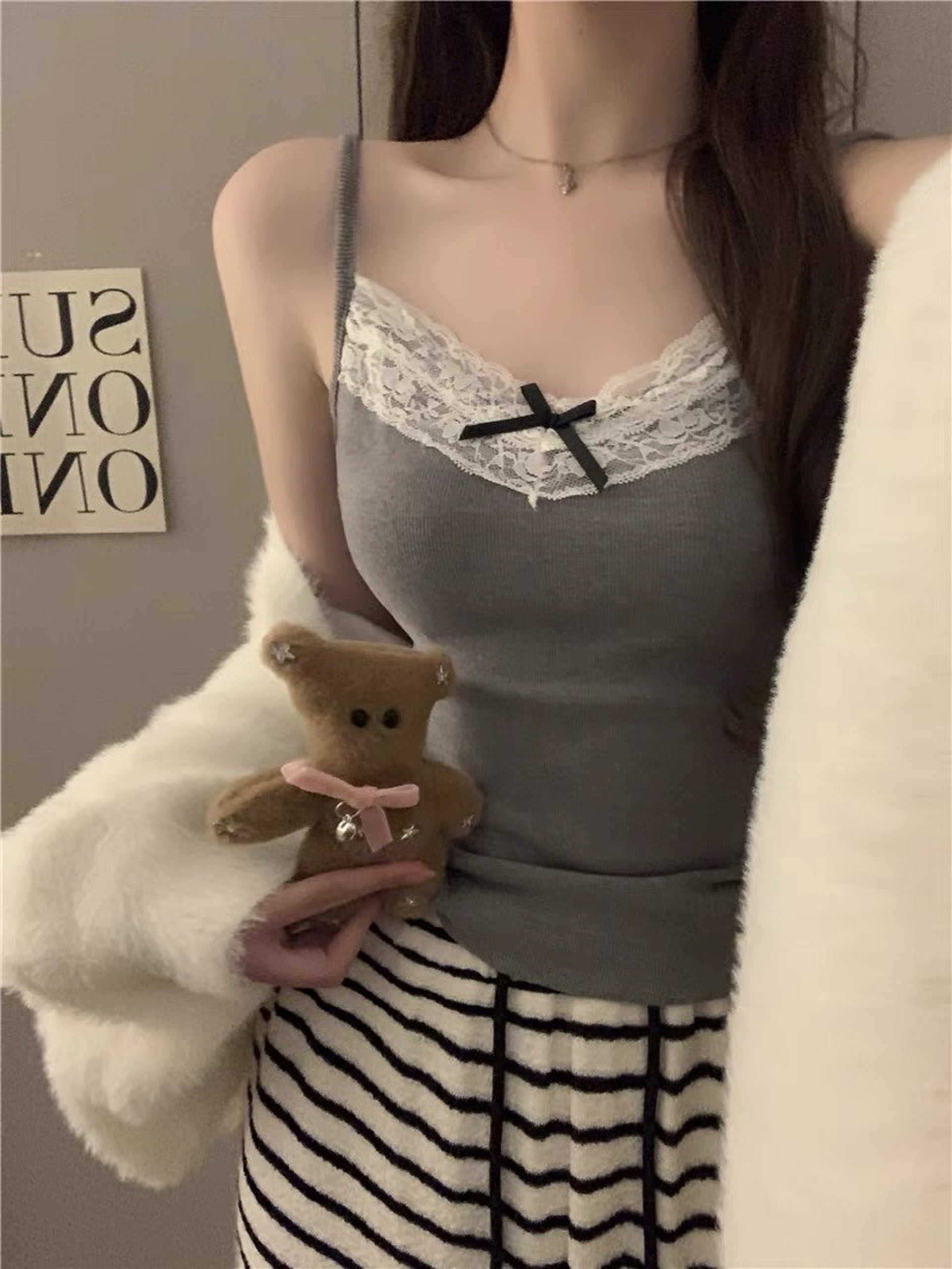 Grey Lace Trim Bow Cami Top