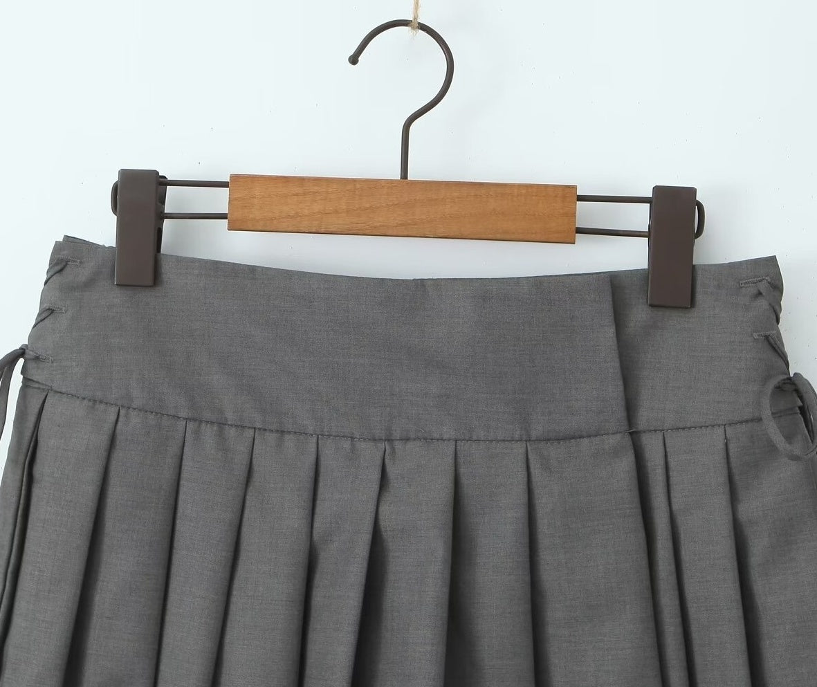 Grey Laced-Up Sides Pleated Skort