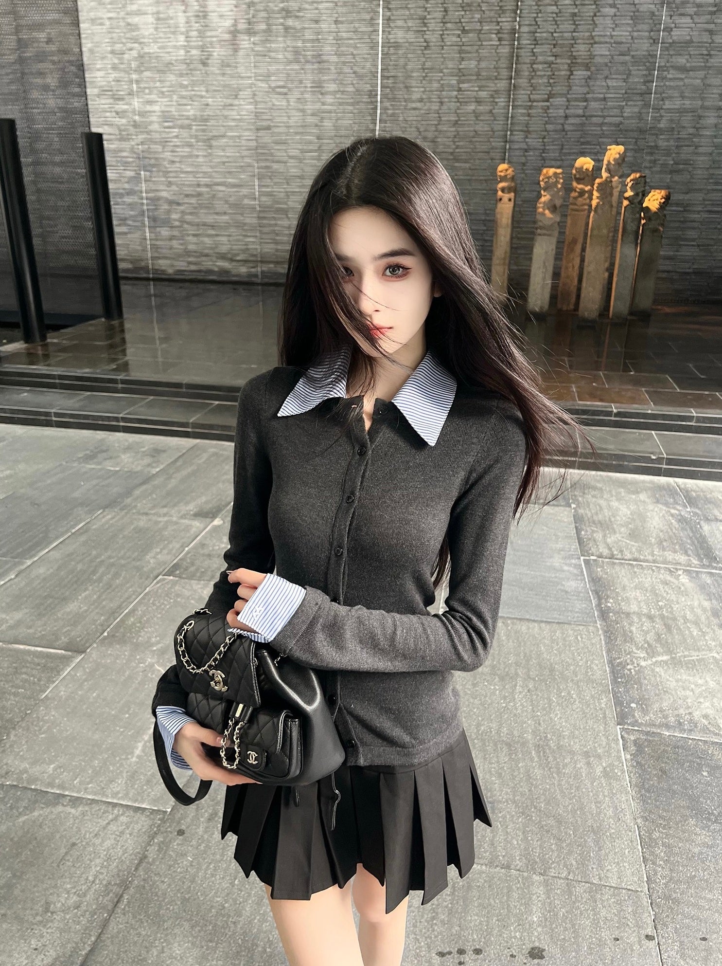 Grey Layered Style Button-Up Cardigan
