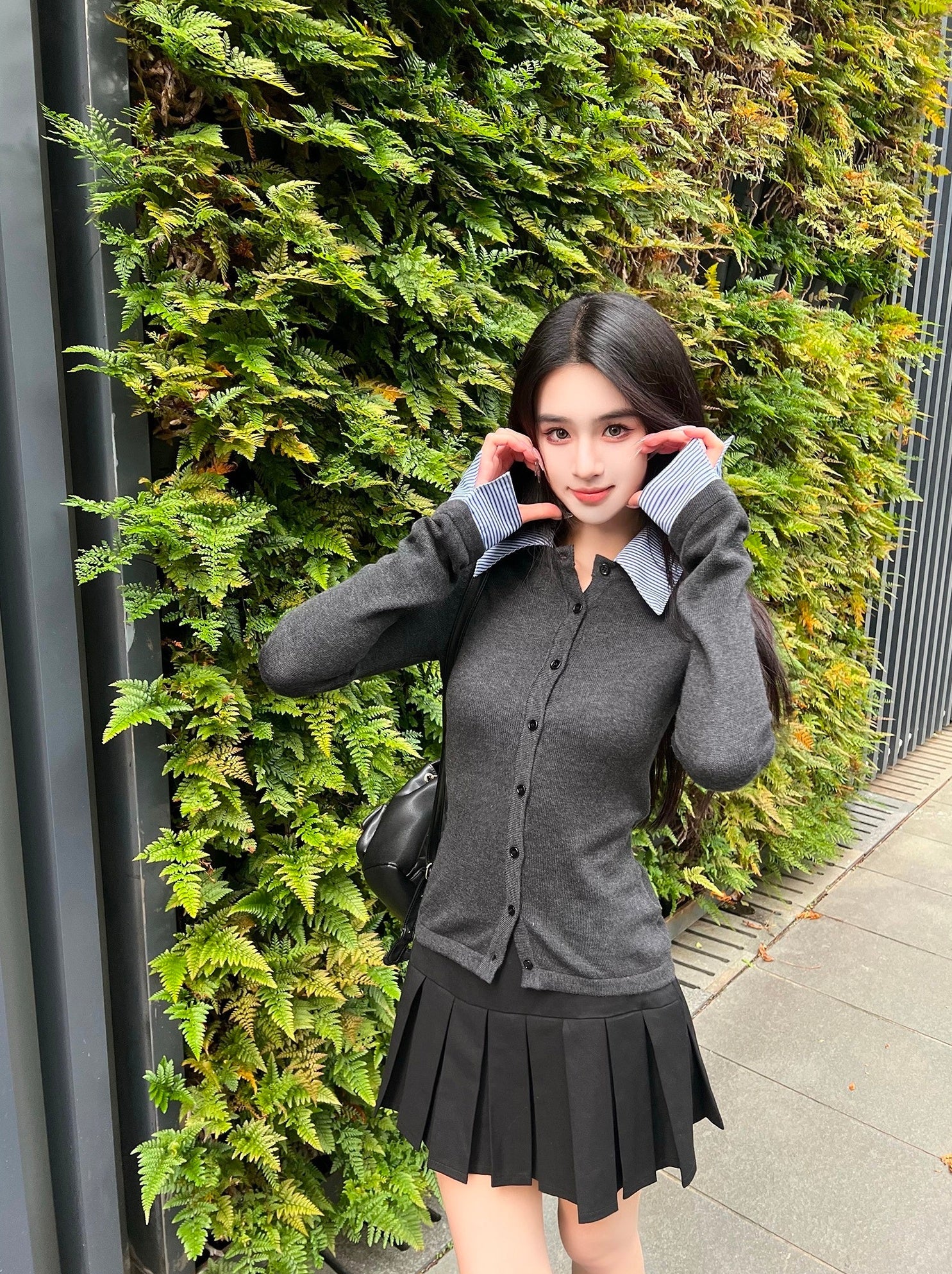 Grey Layered Style Button-Up Cardigan