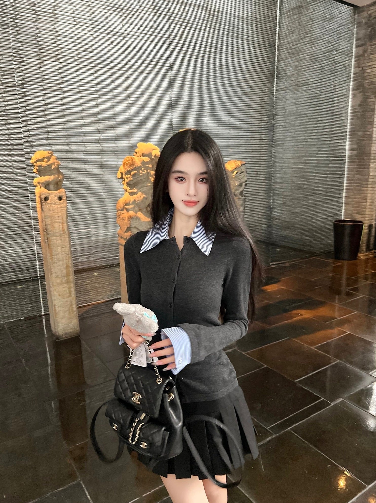 Grey Layered Style Button-Up Cardigan