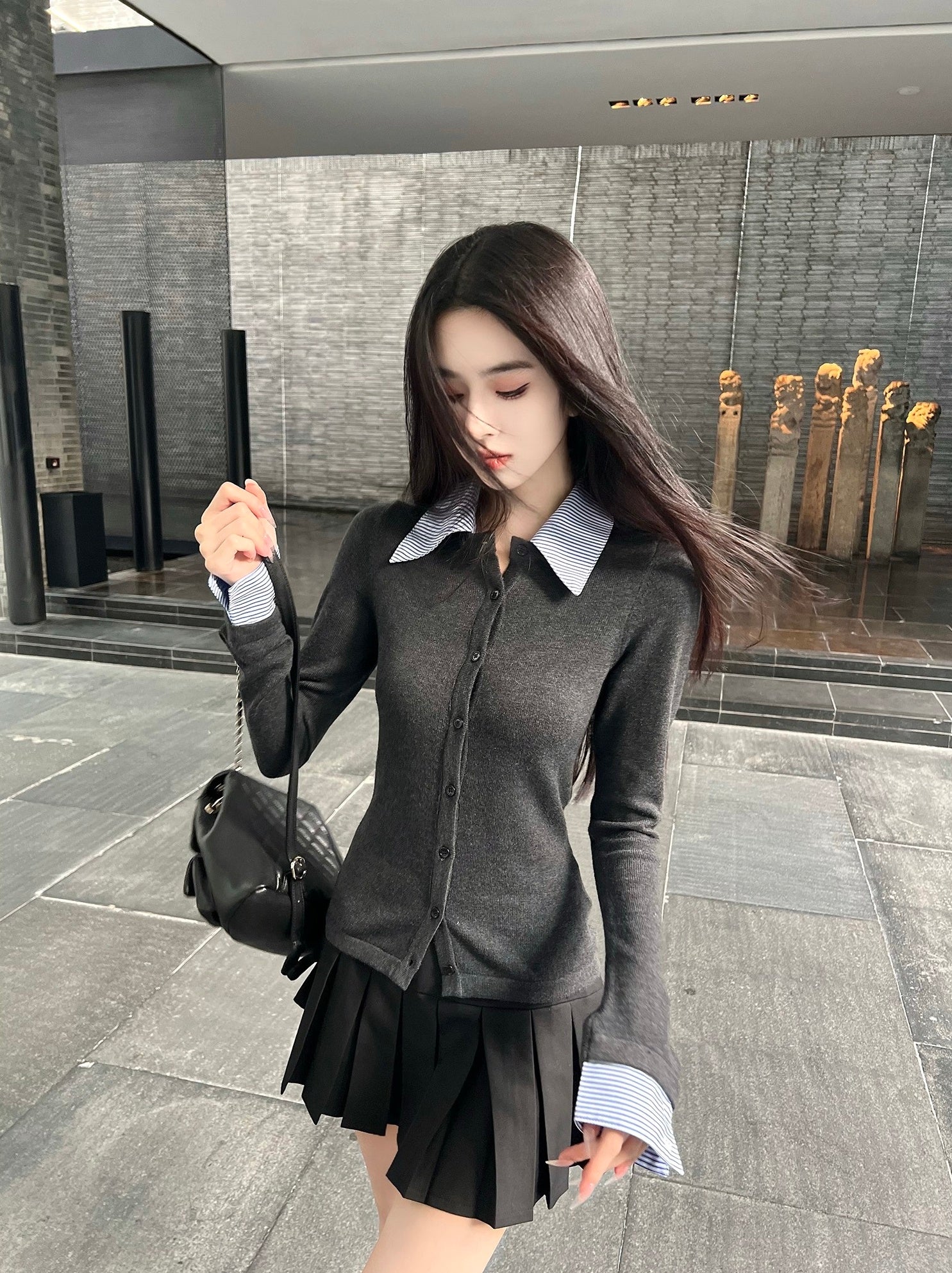 Grey Layered Style Button-Up Cardigan