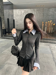 Grey Layered Style Button-Up Cardigan