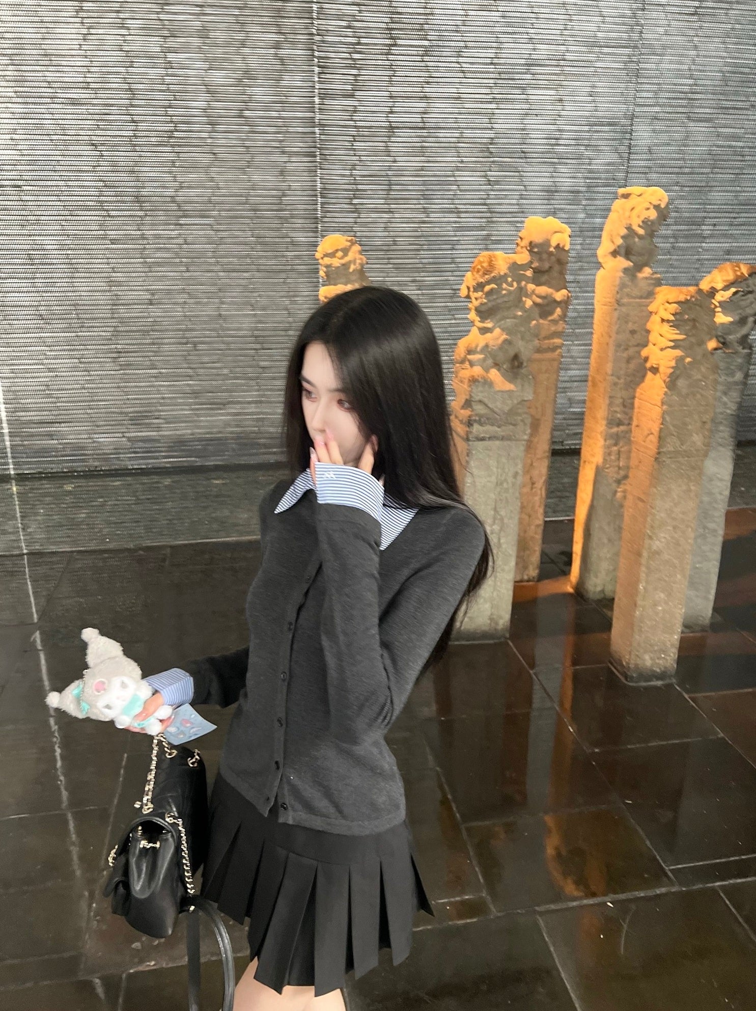 Grey Layered Style Button-Up Cardigan