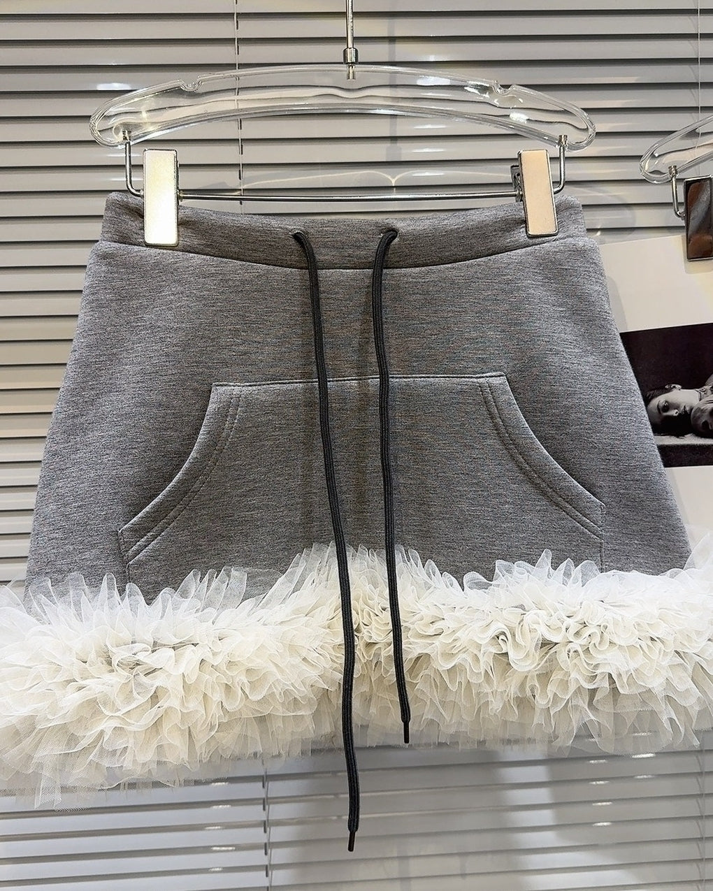 Grey Layered Tulle Sweat Mini Skirt
