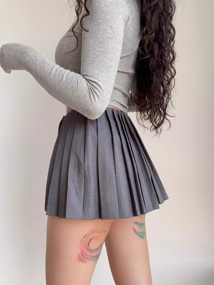 Grey Long Lace Pleated Mini Skirt