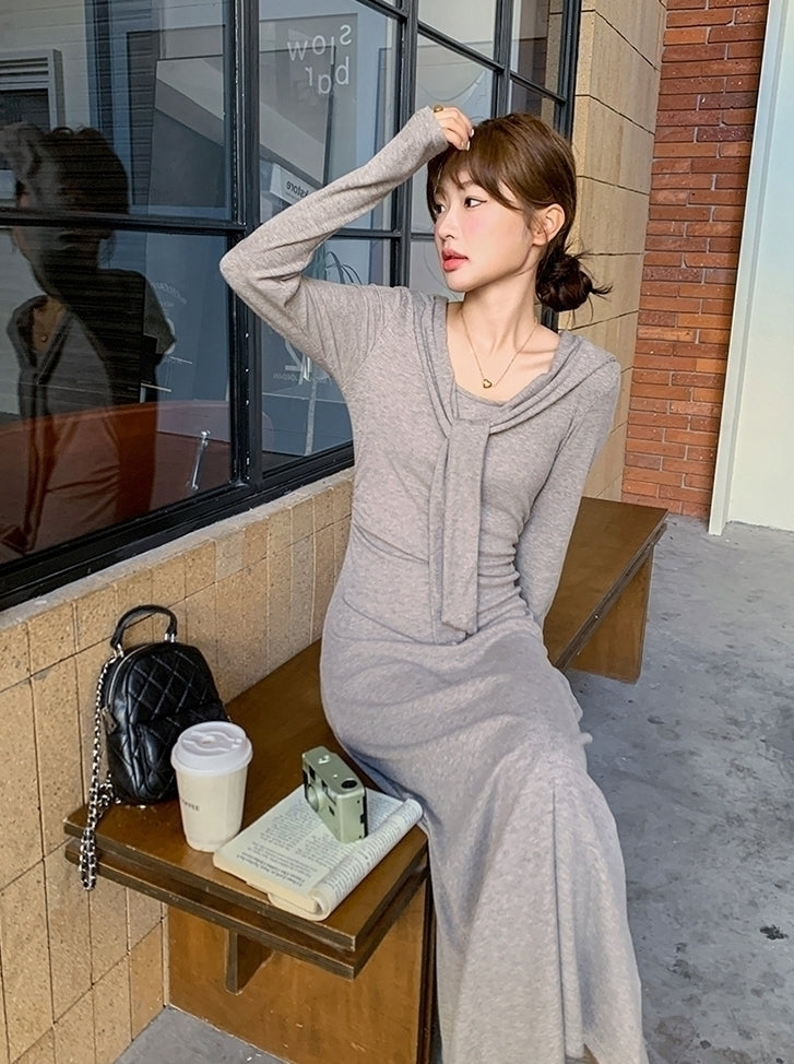 Grey Long Sleeve Knit Bodycon Dress
