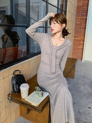 Grey Long Sleeve Knit Bodycon Dress
