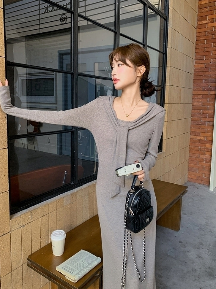 Grey Long Sleeve Knit Bodycon Dress