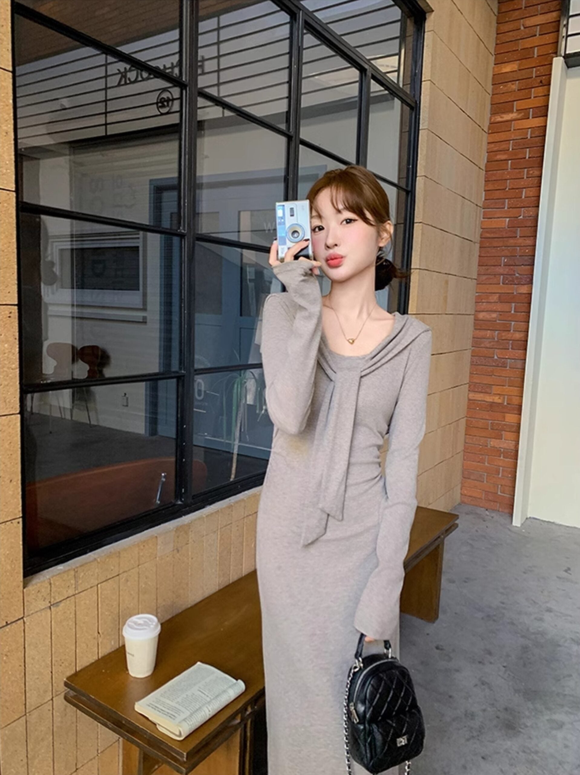 Grey Long Sleeve Knit Bodycon Dress