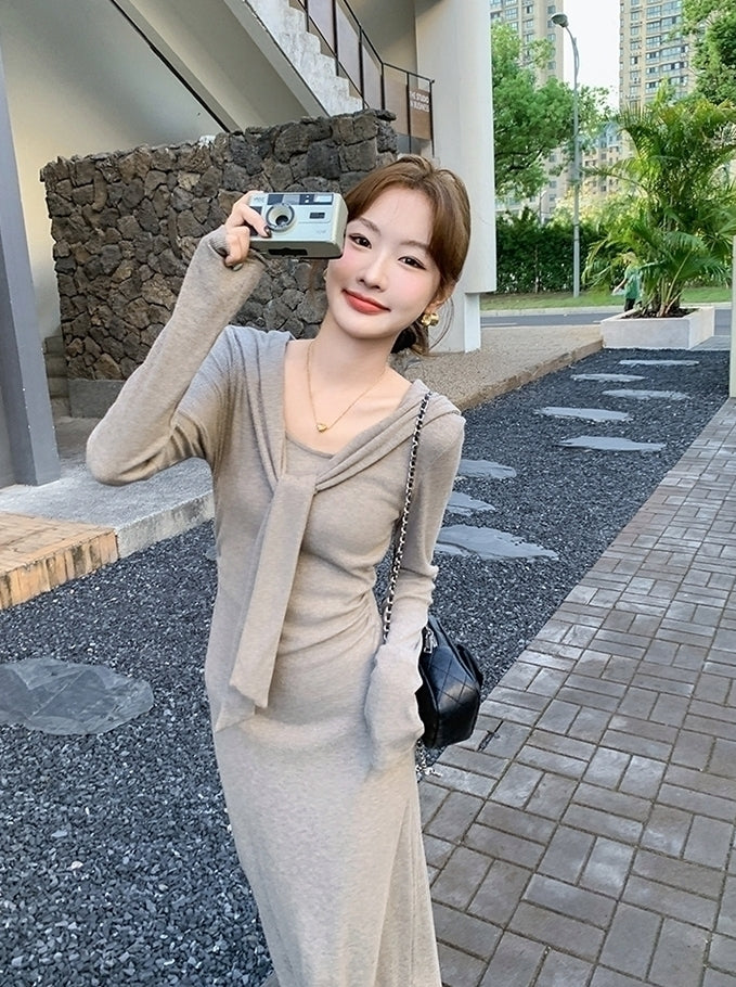 Grey Long Sleeve Knit Bodycon Dress