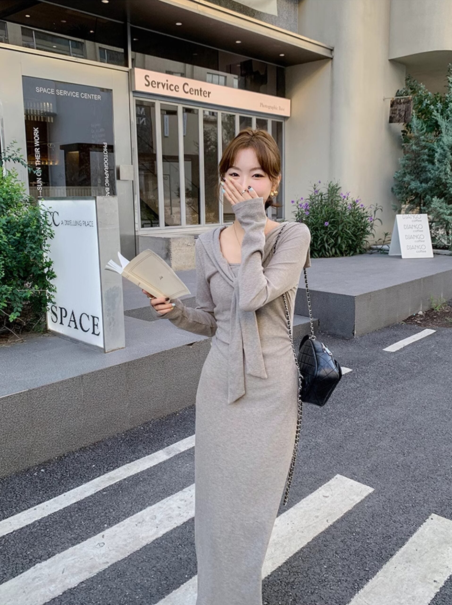 Grey Long Sleeve Knit Bodycon Dress