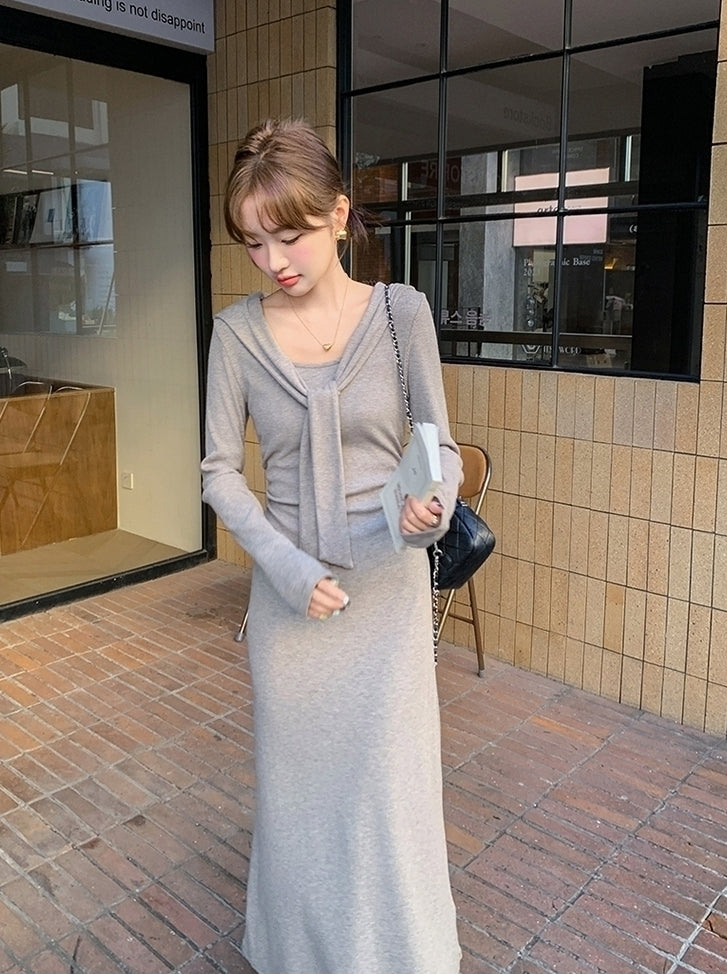 Grey Long Sleeve Knit Bodycon Dress