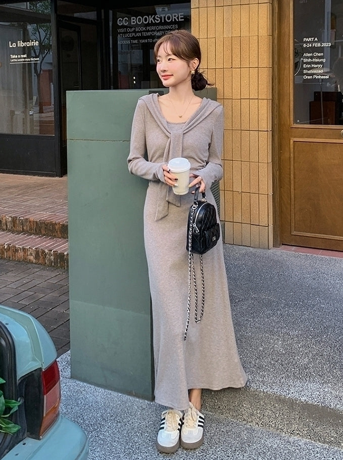 Grey Long Sleeve Knit Bodycon Dress