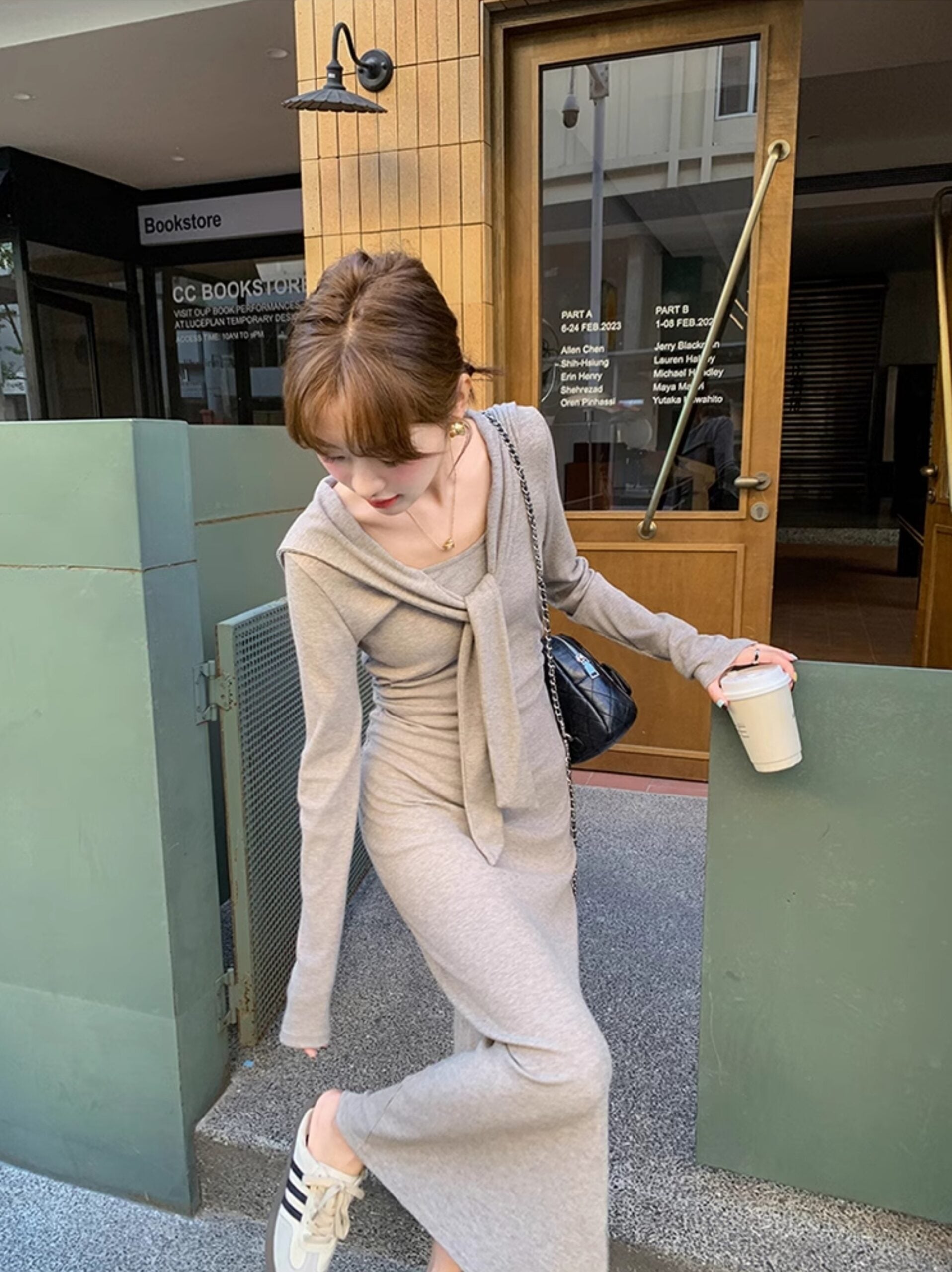 Grey Long Sleeve Knit Bodycon Dress