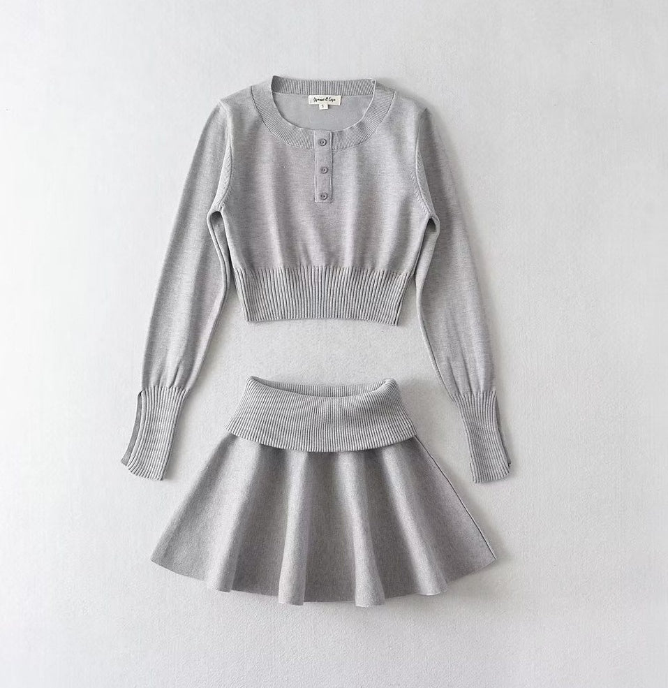 Grey Long Sleeve Top And Skirt Set